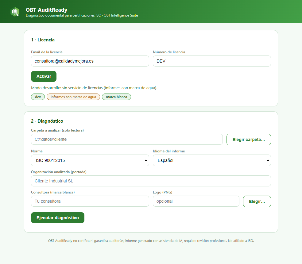OBT AuditReady — formulario de diagnóstico: carpeta, norma y marca blanca