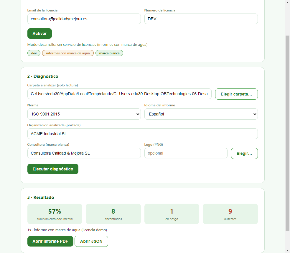 OBT AuditReady — resultado con score de cumplimiento documental