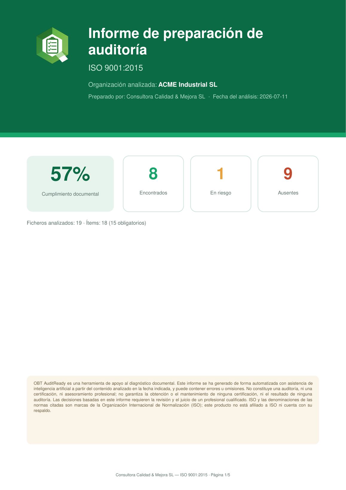 Informe de preparación de auditoría — portada con score